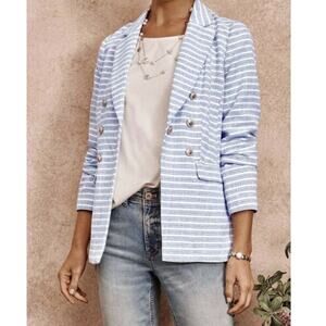 J Jill Stripe Double Breasted Sports Coat Blazer Women's Medium Blue White